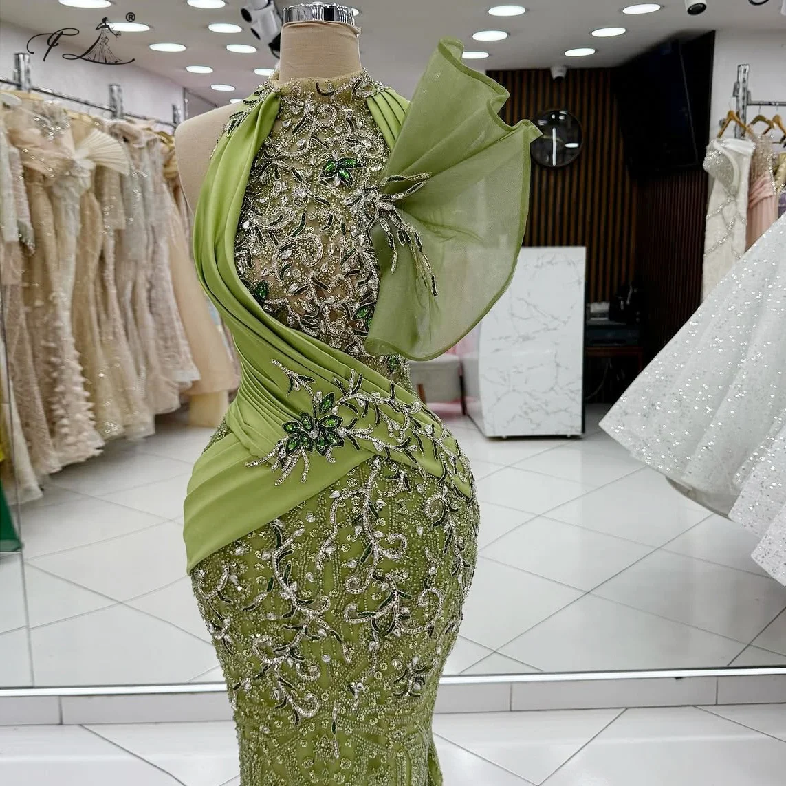 

Halter Neck Mermaid Dress Rhinestone Beaded Fruit Green Slim Fit Evening Dress Formal Occasion Dress Long Ball Gown Customizable