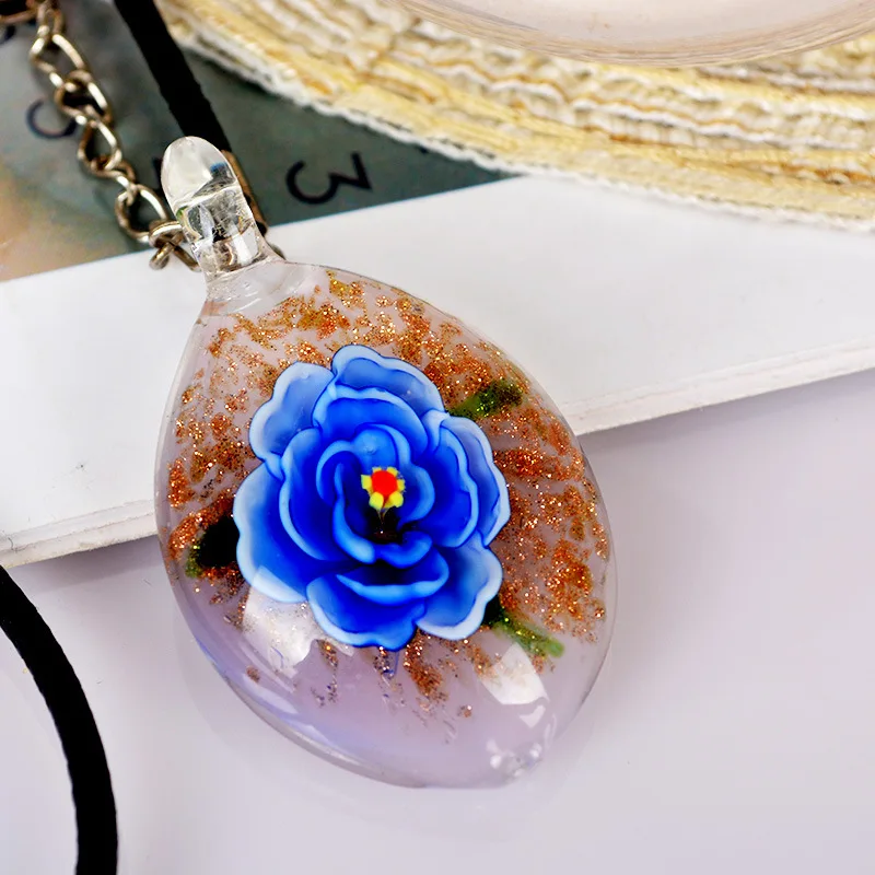 New Jewelry Handmade Murano Lampwork Glass Blue Flower Pendant Fit For Necklace Gifts