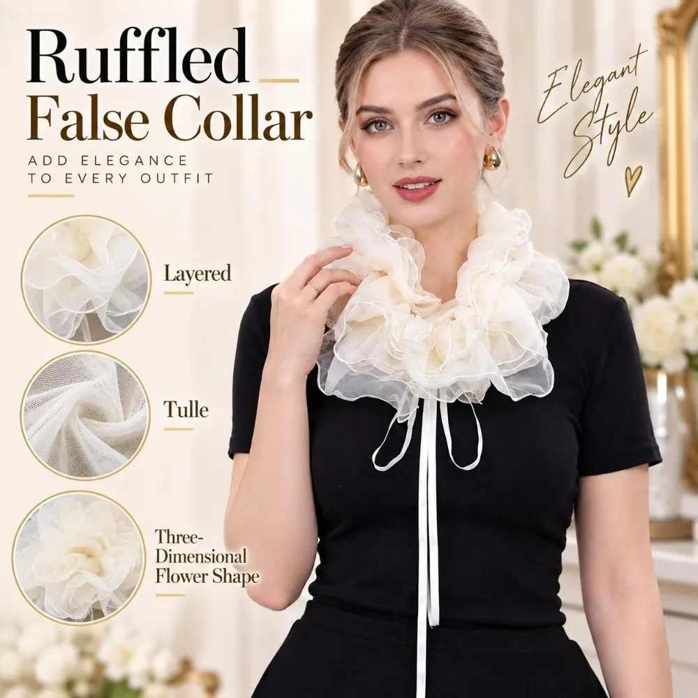 Layered Ruffled False Collar Exquisite Tulle Neck Ruff Faux Collar Three-Dimensional Flower Shape Elegant Detachable Collar