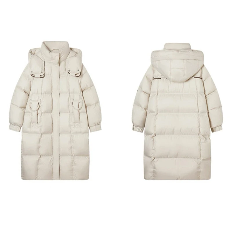 

Winter Long Hooded Loose Down Jacket Female Warm Thicken Knee Length Jackets Women White Duck Down Double Zipper Parker Outwears