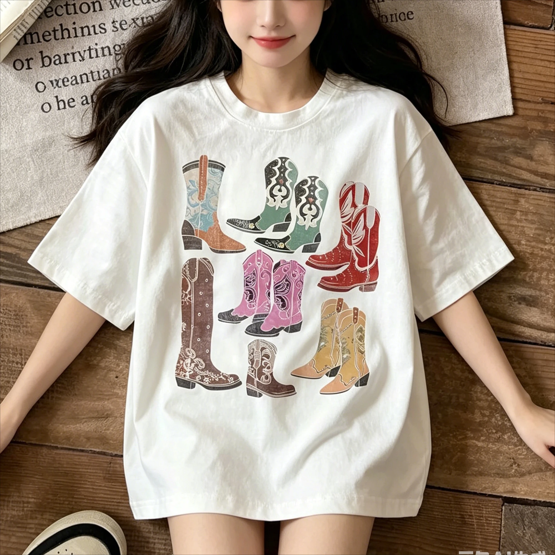 Funny American Women's White Oversized Cotton T-Shirt Vintage Cowboy Boots Print Western Country Casual Graphic Tee Y2K STREET