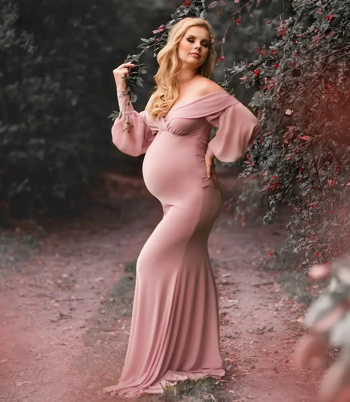 

Vintage Pink Maternity Robes Off Shoulder Long Sleeves Spandex Pregnant Photography Dresses Sexy Customized Baby Shower Gowns