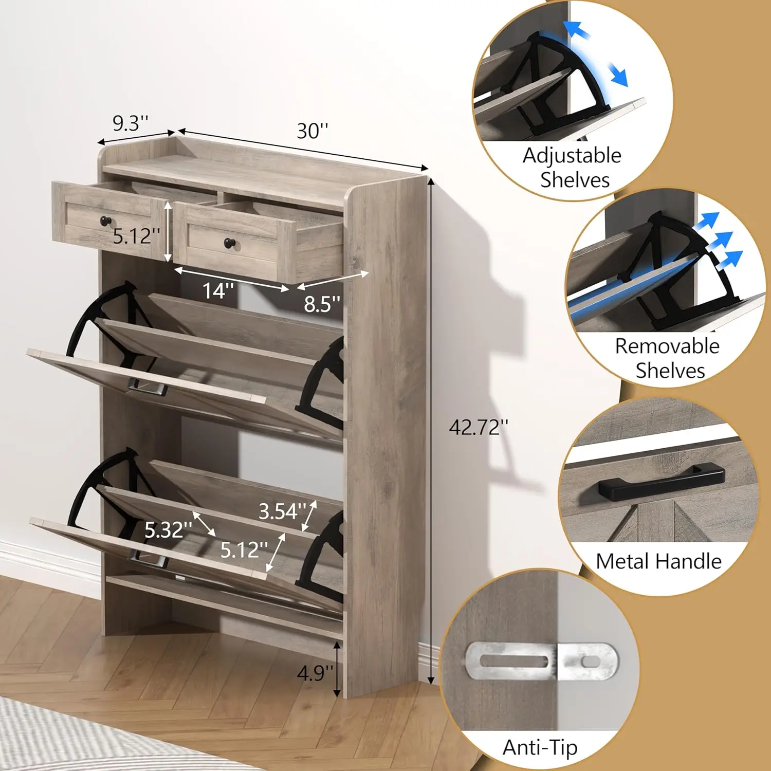 Shoe Cabinet with 2 Flip Drawers & 2 Storage Drawers, Rustic Farmhouse Narrow Shoe Organizer Cabinet, Slim Shoe Rack Cabinet, Sh