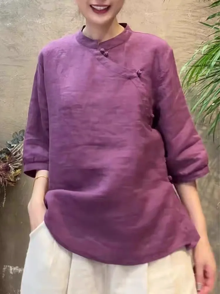 中国製綿麻紫ボタンシャツ女性初秋年齢軽減トップス麻五分袖スタンドカラーカジュアル