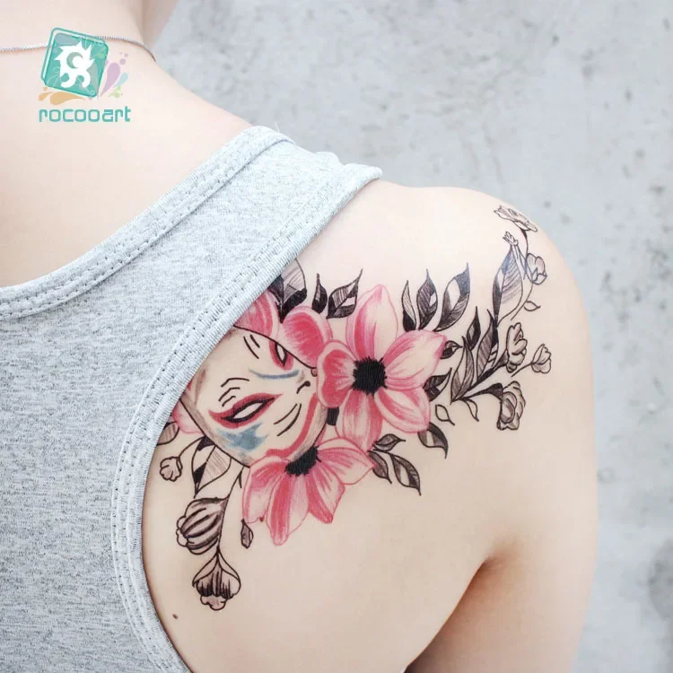 Rocooart Fox Tattoo Fake Body Art Temporary Tattoo Stickers Sketch Flowers Tattoo Female Large Tatouage Temporaire For Men