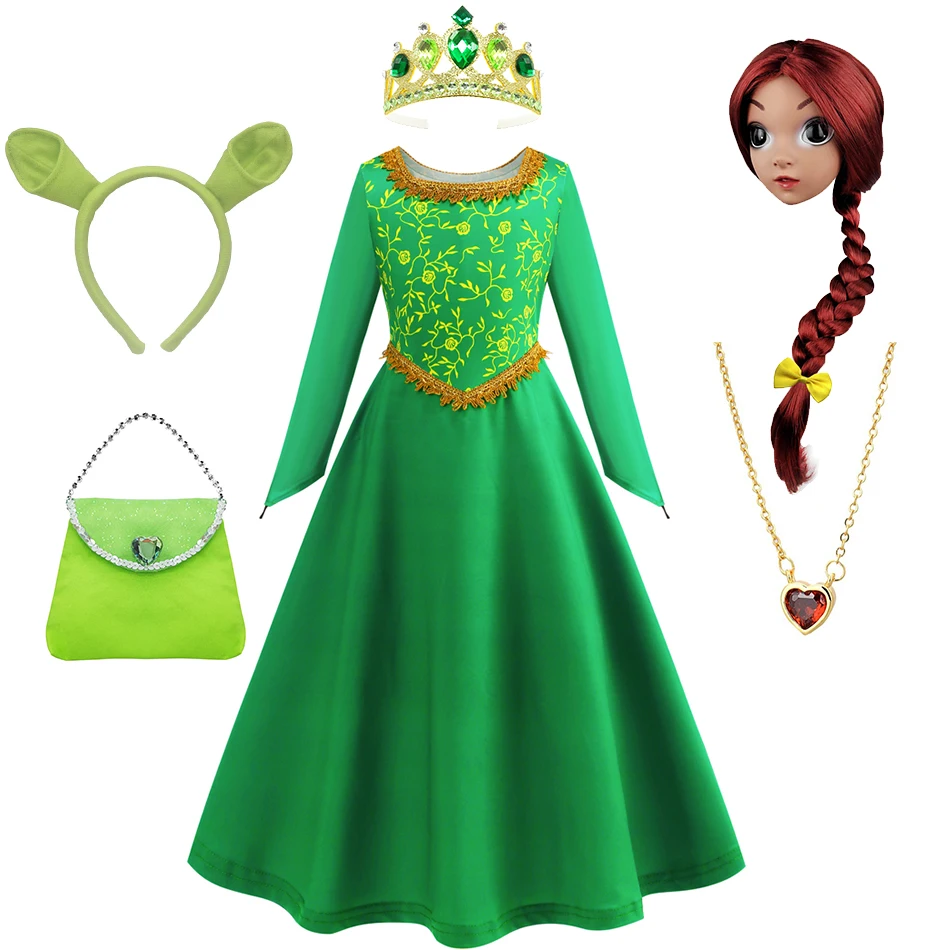 Fiona Girl Green Princess Dress Long Sleeve Halloween Fantasy Costume Kids Print Elastic Carnival Disguise Outfits Elegant Gown