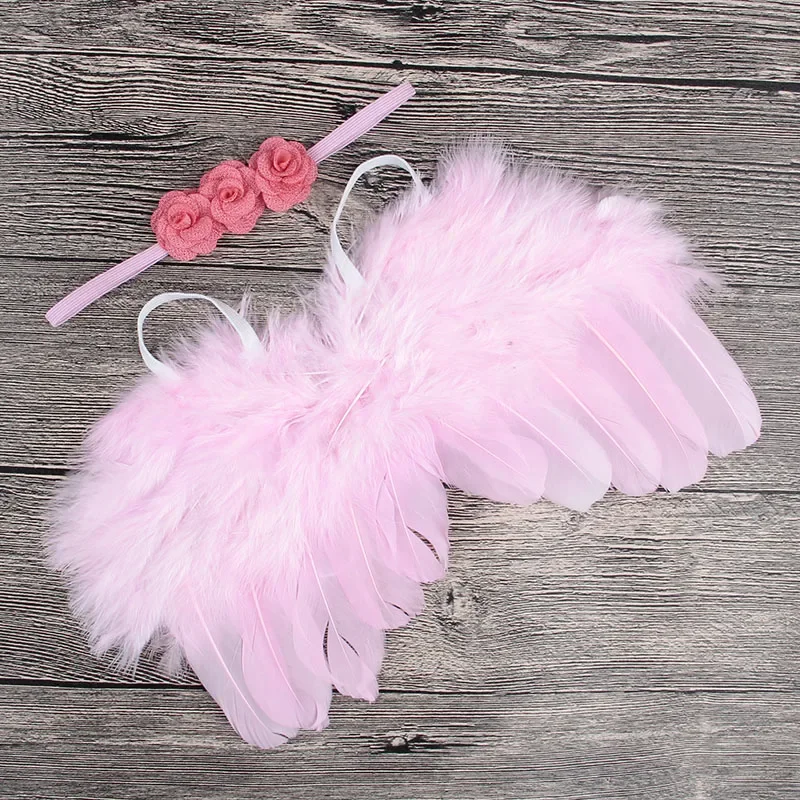 2pcs/set Newborn Angel Feather Wings with Baby Girl Rose Flower Headband Hair Accessories Infant Photography Props Gifts Set