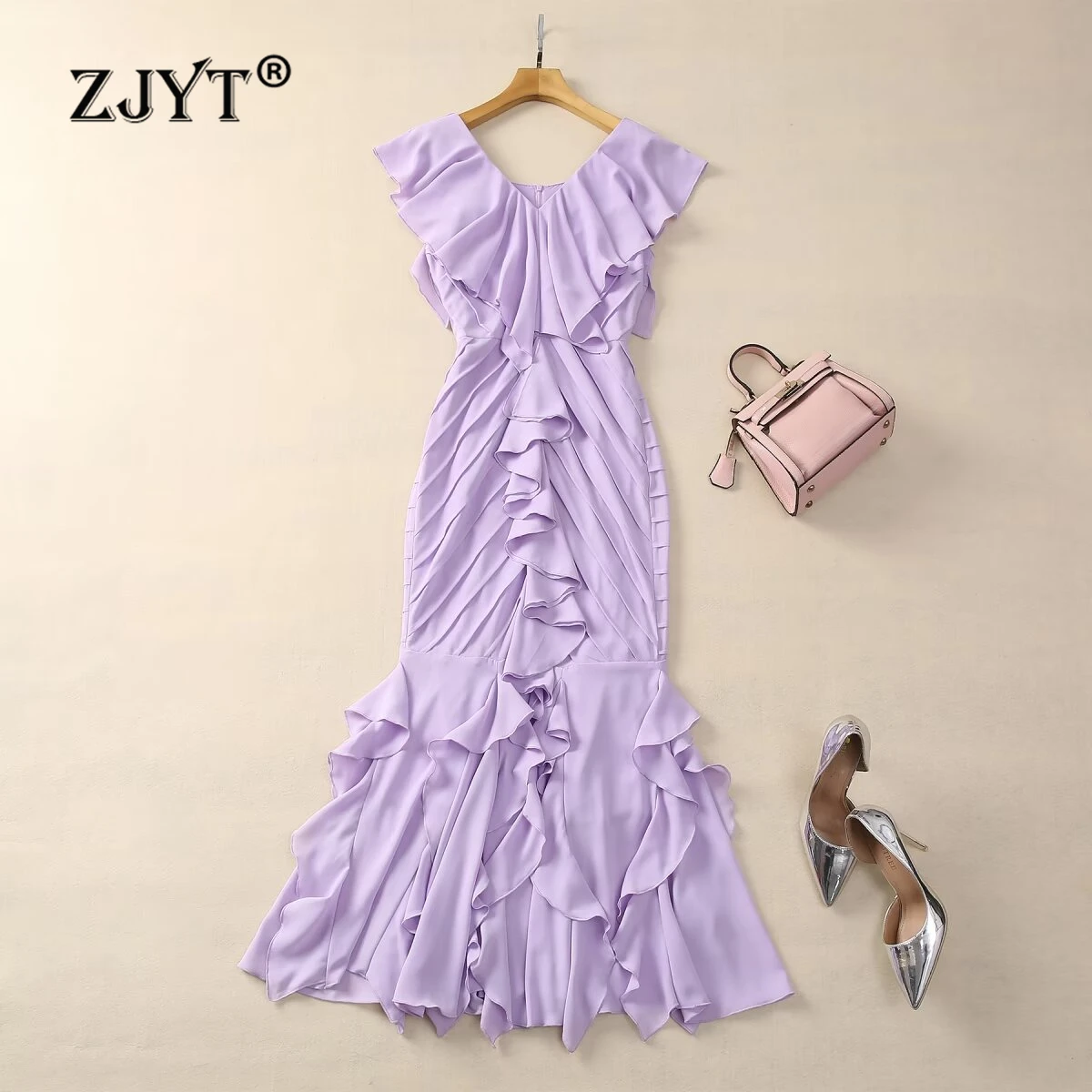 

ZJYT Luxury Ruffles Patchwork Midi Trumpet Dresses for Women Cocktail Evening Party Dress Summer 2024 Runway Holiday Vestidos