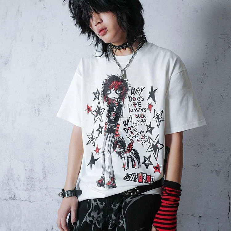 Y2K Emo Punk Cartoon Girl Graphic T Shirt Red Black Star Slogan Text Hand Drawn Grunge Print Summer Unisex Cotton Tee Tops