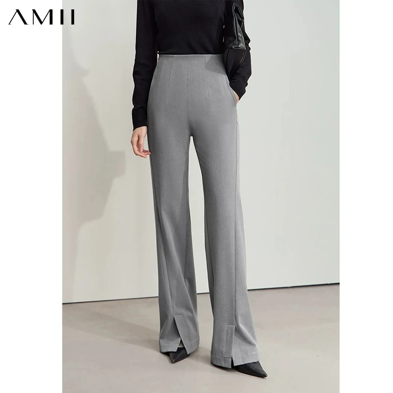 AMII Women' S Pants 2026 Winter New Solid Trousers For Woman High Waist Basics Casual Versatile Slit Flared Ladies Pants12414009