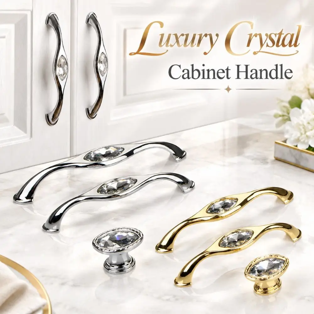 Rhinestone Crystal Cabinet Handle Polished Shiny Gold Drawer Pull Smooth Anti Rust Furniture Knob Wardrobe Furniture Cabinet