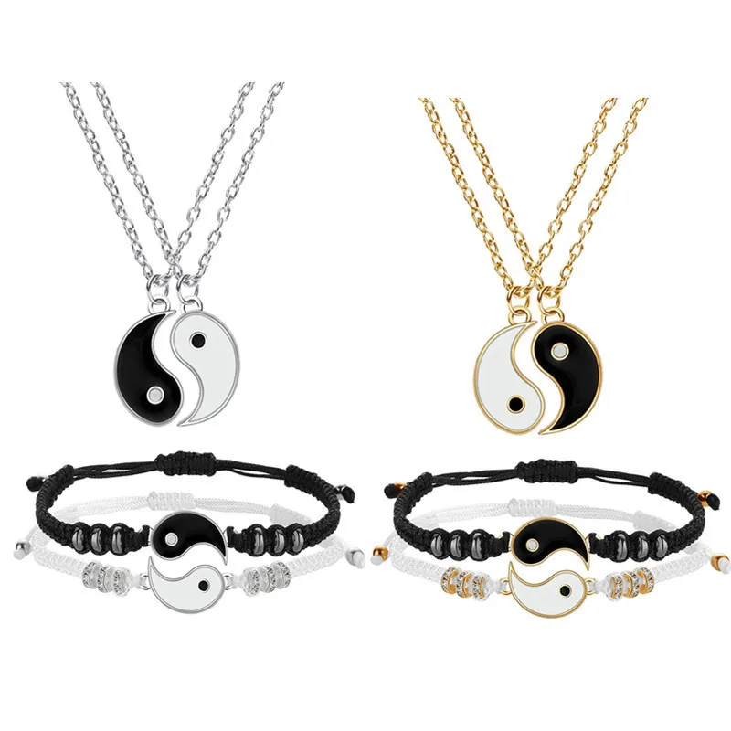 Wu 2022 New Jewelry Alloy Tai Chi Woven Bracelet Eight Eight Yin and Yang Pendant Stitching Necklace Hand Woven Rope Jewelry Set