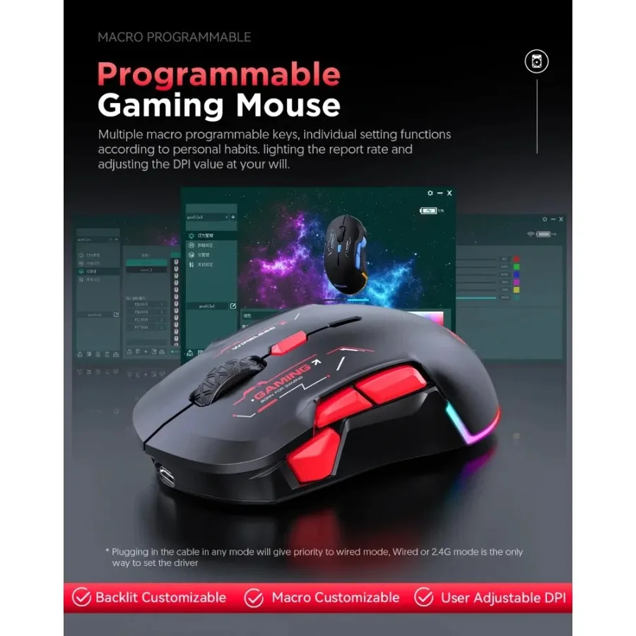 Imagem -03 - Mkespn-mouse Macro Gaming sem Fio W12 10 Botões Bluetooth Multi-canal Rgb Grande Ambidestro Ergonômico