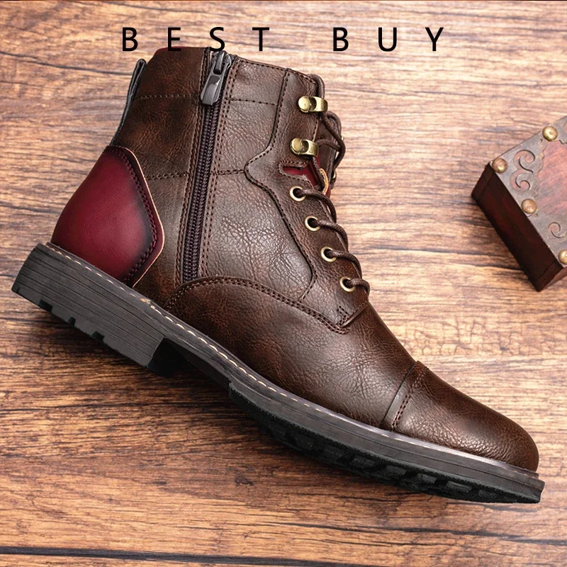 ผู้ชายคลาสสิก Retro หนังรองเท้าผู้ชายแฟชั่นข้อเท้า BOOT Mens LACE-up รองเท้าสั้น High-Top รองเท้าขนาด 38-48