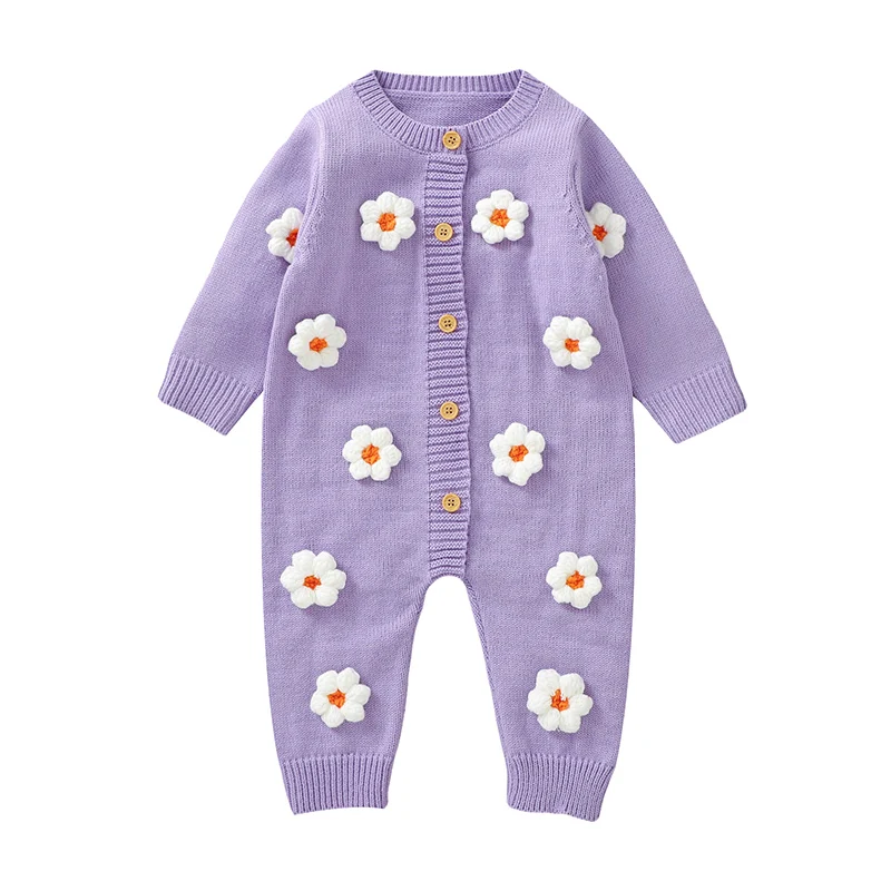 Sweet Floral Print  Baby Girls Long Sleeve Rompers Fresh Babies Jumpsuit Knitted Acrylic Newborn One-piece Bodysuit Pullovers