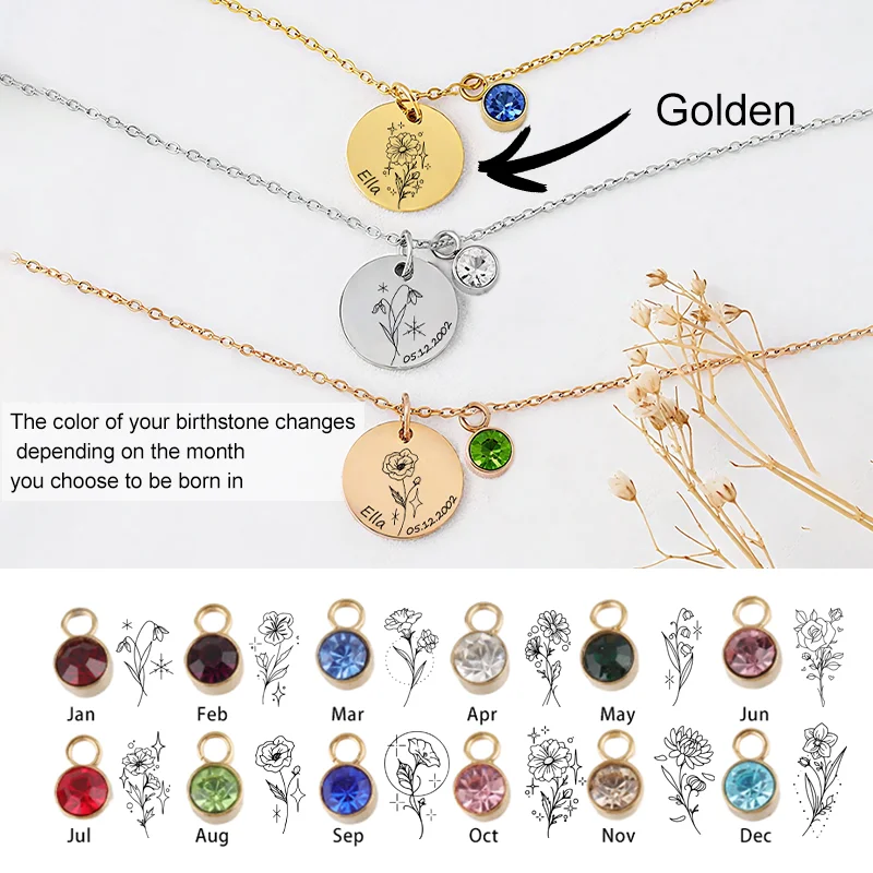 Collane con ciondolo fiore con pietre portafortuna personalizzate per donna, incisione personalizzata, testo sul retro, regalo di gioielli per la fidanzata madre