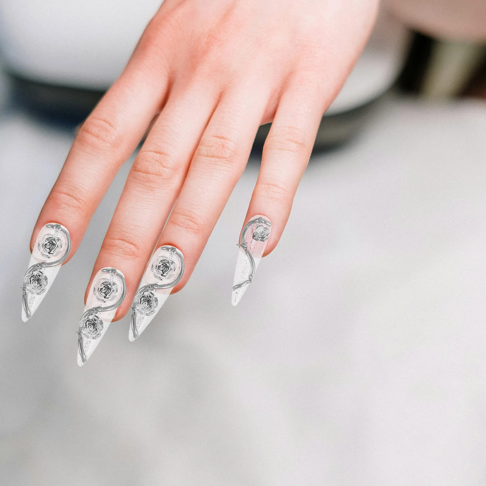 

10pcs Long Press On Nails Fake French Tip Glue Jeweled Acrylic False Clear Metal Rose Charm Nail Art Thorny Edge