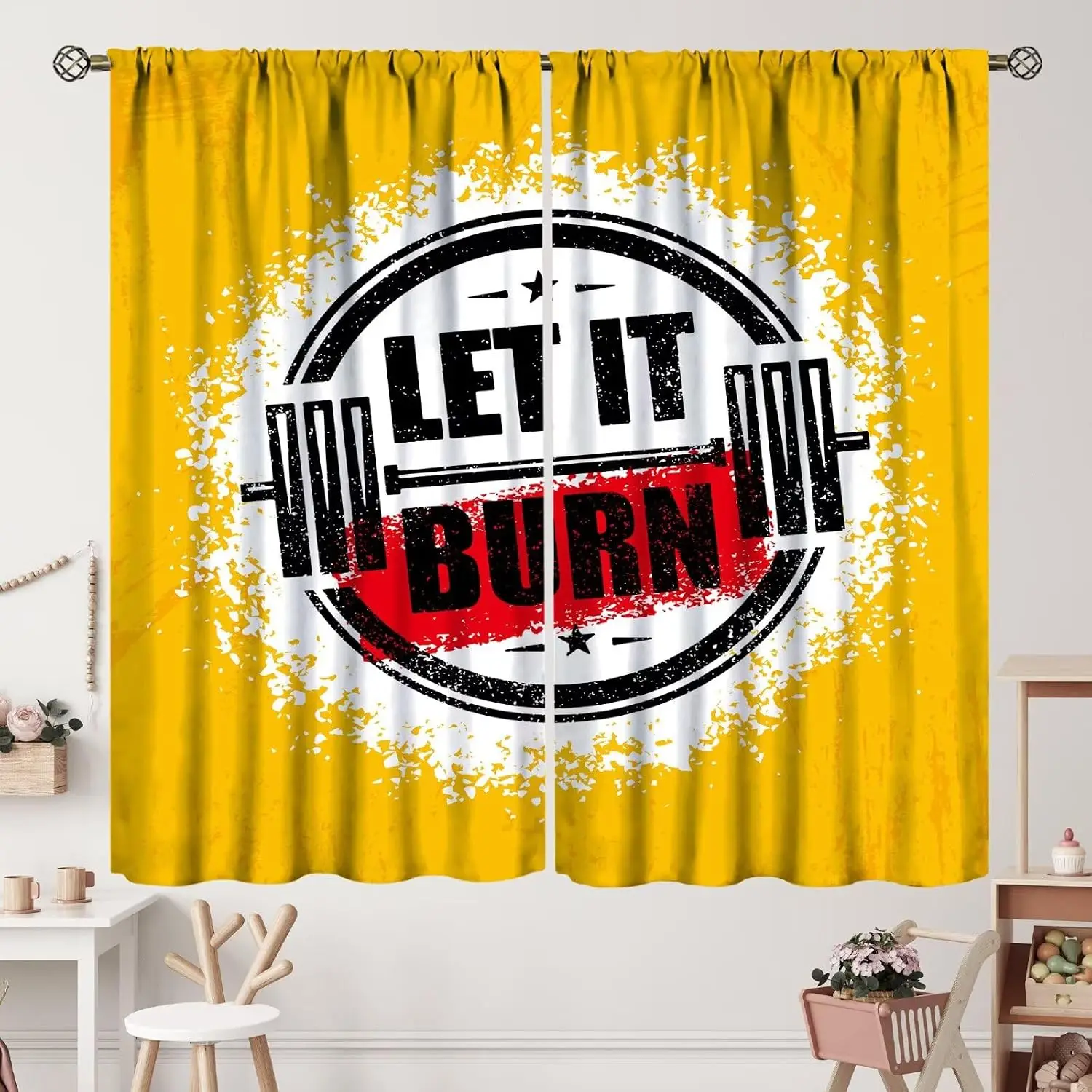 Motivational Gym Workout Curtain Yellow Fitness Decor Window Drapery Panel Sports Room Poster Curtain Shower Curtain Inspiration