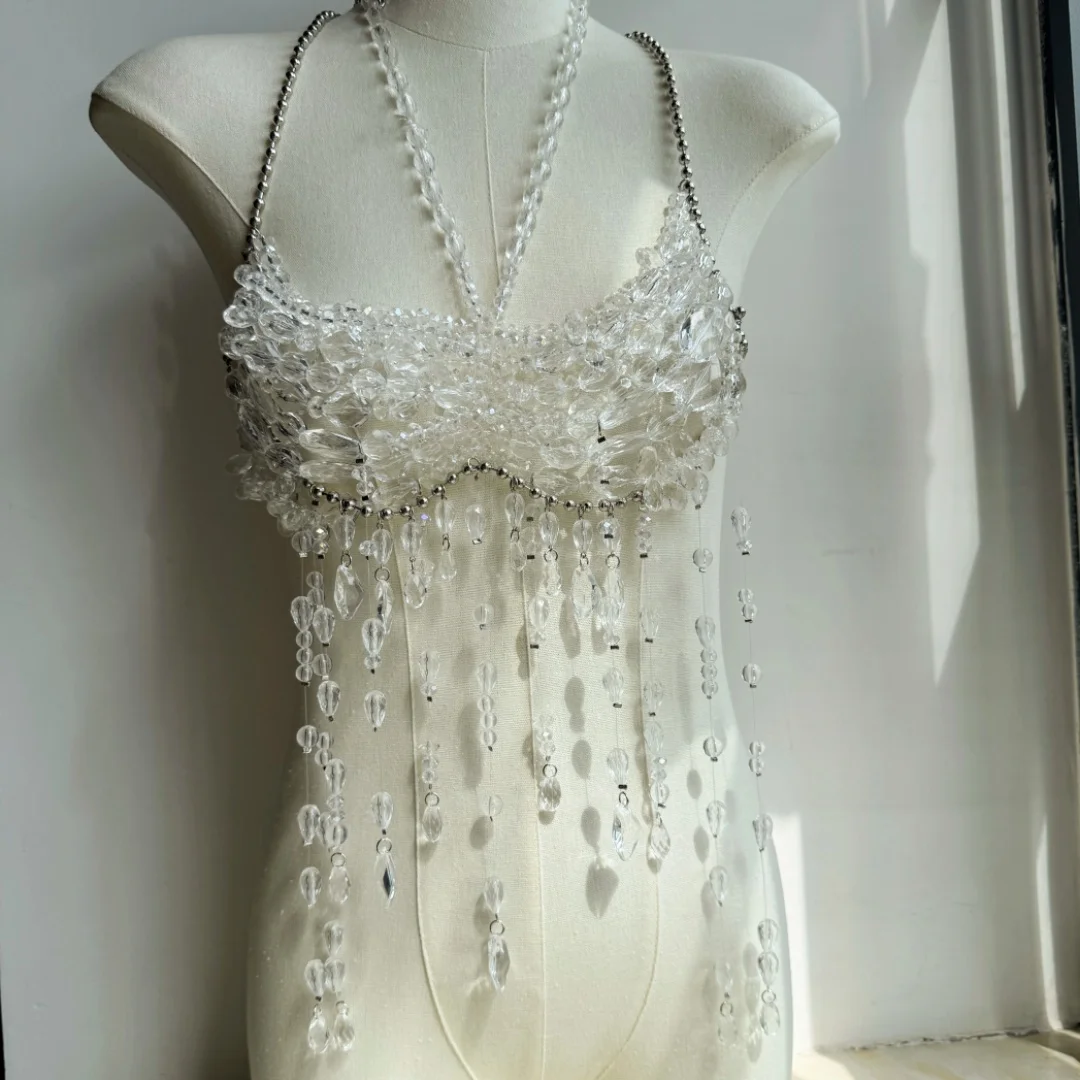 Vrouwen Tops Kralen Hemdje Vest Bikini Bh Top Body Overdreven Parel Hals Bustier Beachwear Lingerie Vrouw Club Rave