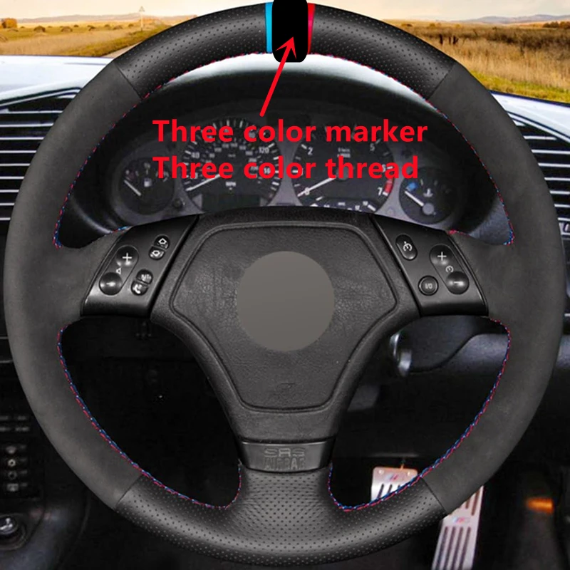 Black Suede Leather Hand Sewing Steering Wheel Cover For BMW 3 Series E36 E36/5 E39 E46 E46/5 2000 Interior Accessories