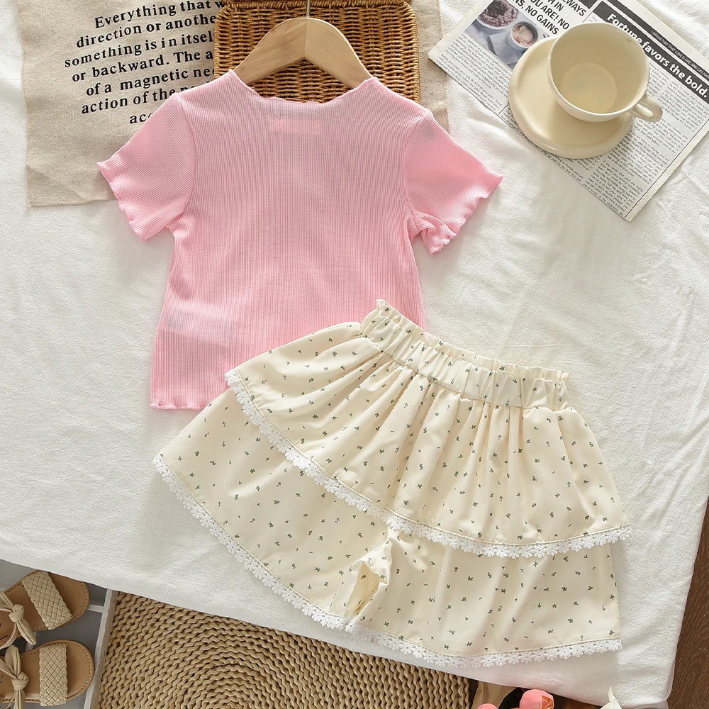 Toddler Girl Clothes 2-7 Year-old Korean Version Summer New Kids Clothing Set Pink Bow Short Sleeved Top + Floral Shorts
