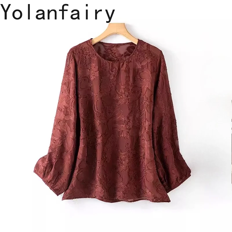

YOLANFAIRY 100% натуральные шелковые блузки из тутового шелкопряда для женщин, элегантные летние женские топы 2026, модные жаккардовые рубашки, Camisas De Mujer