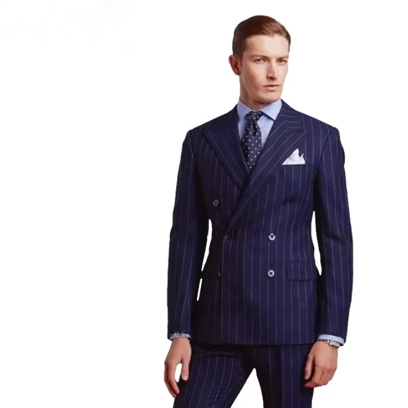 

"Premium Navy Blue Striped Men's Suit - Slim Fit Double Breasted Blazer & Pants Set, Peak Lapel Groom Tuxedo, Custom Tailored
