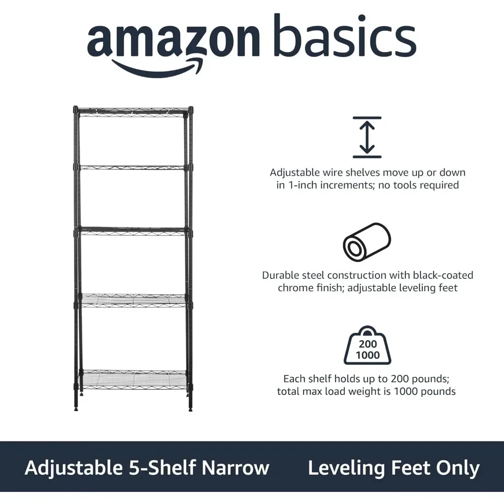 رف تخزين فولاذي قابل للتعديل مكون من 5 طبقات، سهل التجميع، عمق 13.4 × 23.2 عرض × 60 ارتفاع، أسود