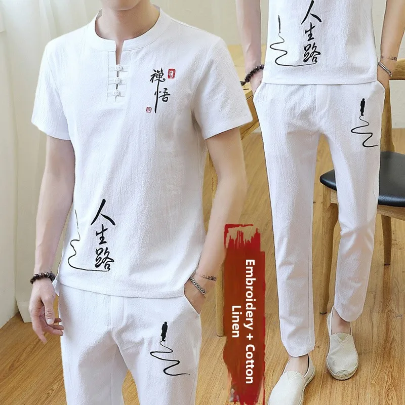 

Летний повседневный комплект из хлопка и льна: мужская футболка с коротким рукавом и вышитый костюм Ханьфу из двух предметов, легкий и дышащий