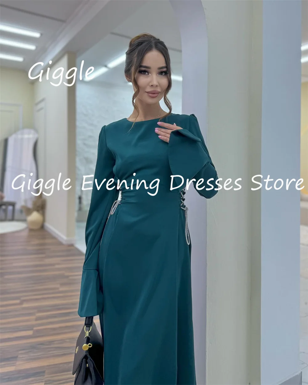 Giggle Satin A-line O-neck Long Sleeves Formal Elegant Prom Gown Ankle-length luxury Evening Party Dresses for Women 2023