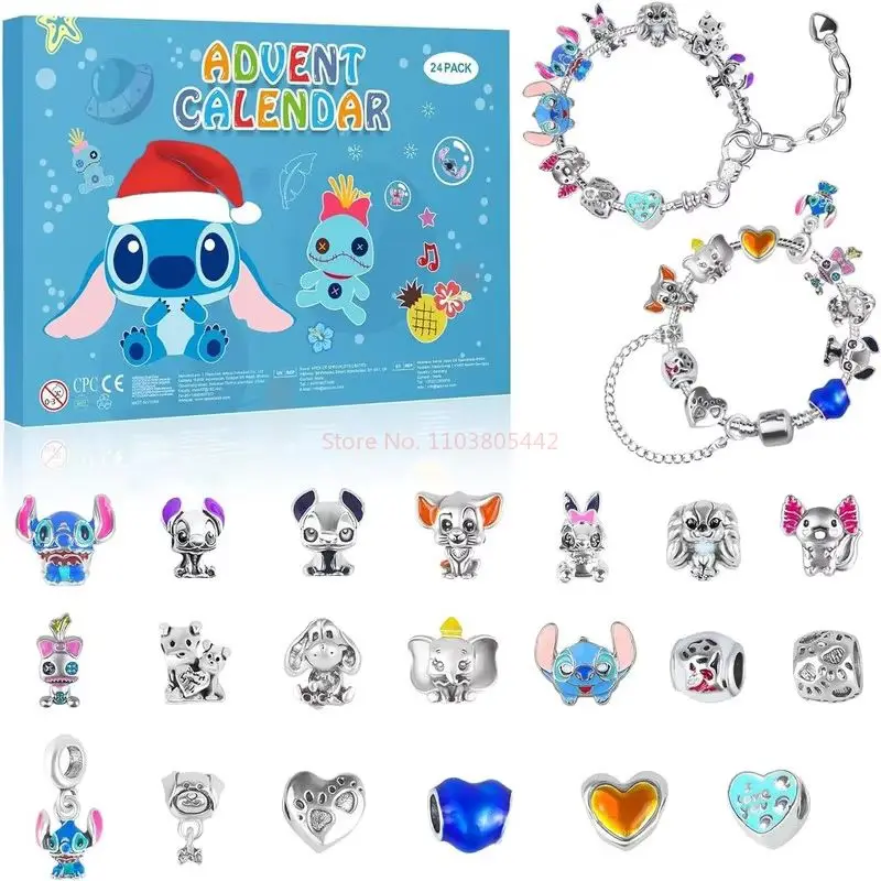 Stitch natal advento calendário disney pulseiras 24 dias natal contagem regressiva calendário colar diy jóias fazendo kit para o presente da menina