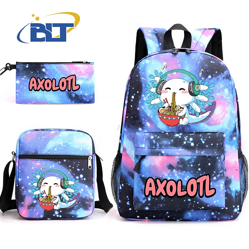 Cute Axolotl Printed Student Schoolbag Youth Backpack Shoulder Bag Pencil Bag 3-piece Set Kids Gift