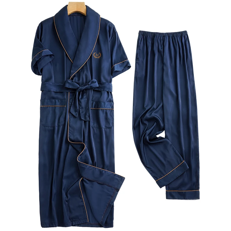 Summer Men Long Robes Sets Silk Satin Pyjamas Male Short Sleeve Bathrobe+Long Pants 2pcs Homewear Pajamas Cardigan Sleepwear 4XL