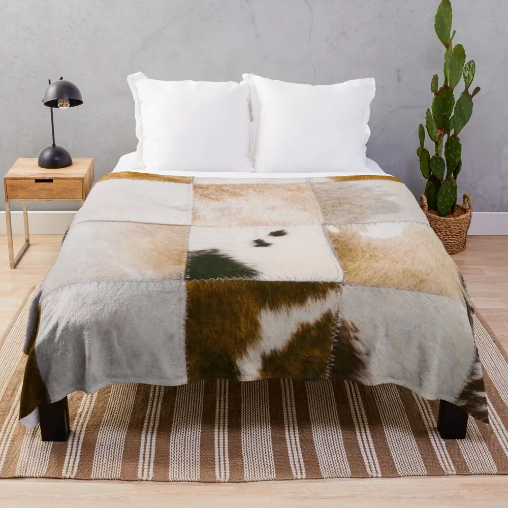 Cowhide Flannel Throw Blanket Brown Black White Colour Fur for Bed Sofa Couch King Queen Size Blanket Super Soft Lightweight