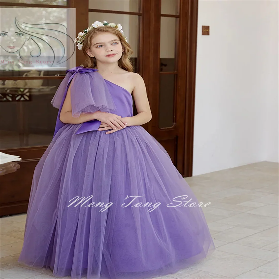 

Flower Girl Dress For Wedding Tulle Beading One Shoulder Dress Bow Palace Style Princess Dress Kids Birthday Party Ball Gowns