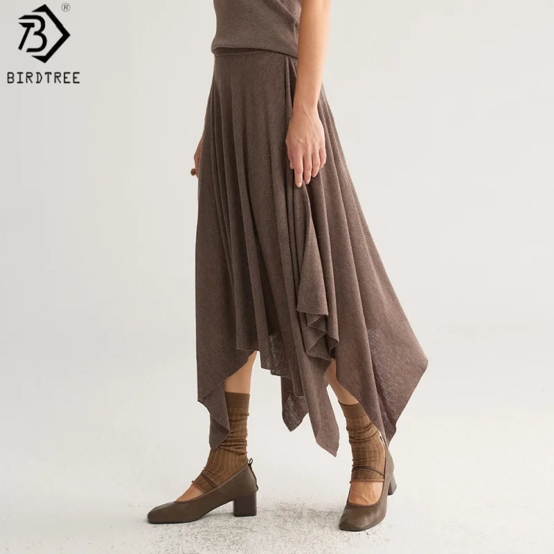 Birdtree, Wool Blended Retro Solid Skirt, Elastic Waist, Women's Knitted Irregular Hem Chic Skirts, 2026 Autumn New D69118JF