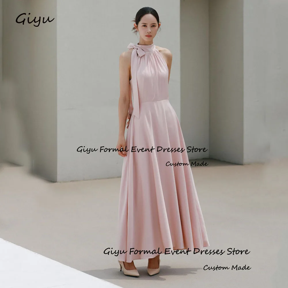 

Giyu Pink Bow Korea Wedding Dress Photo Shoot High Neck Ankle-Length Draped Evening Gown Dress Birthday Party Dress