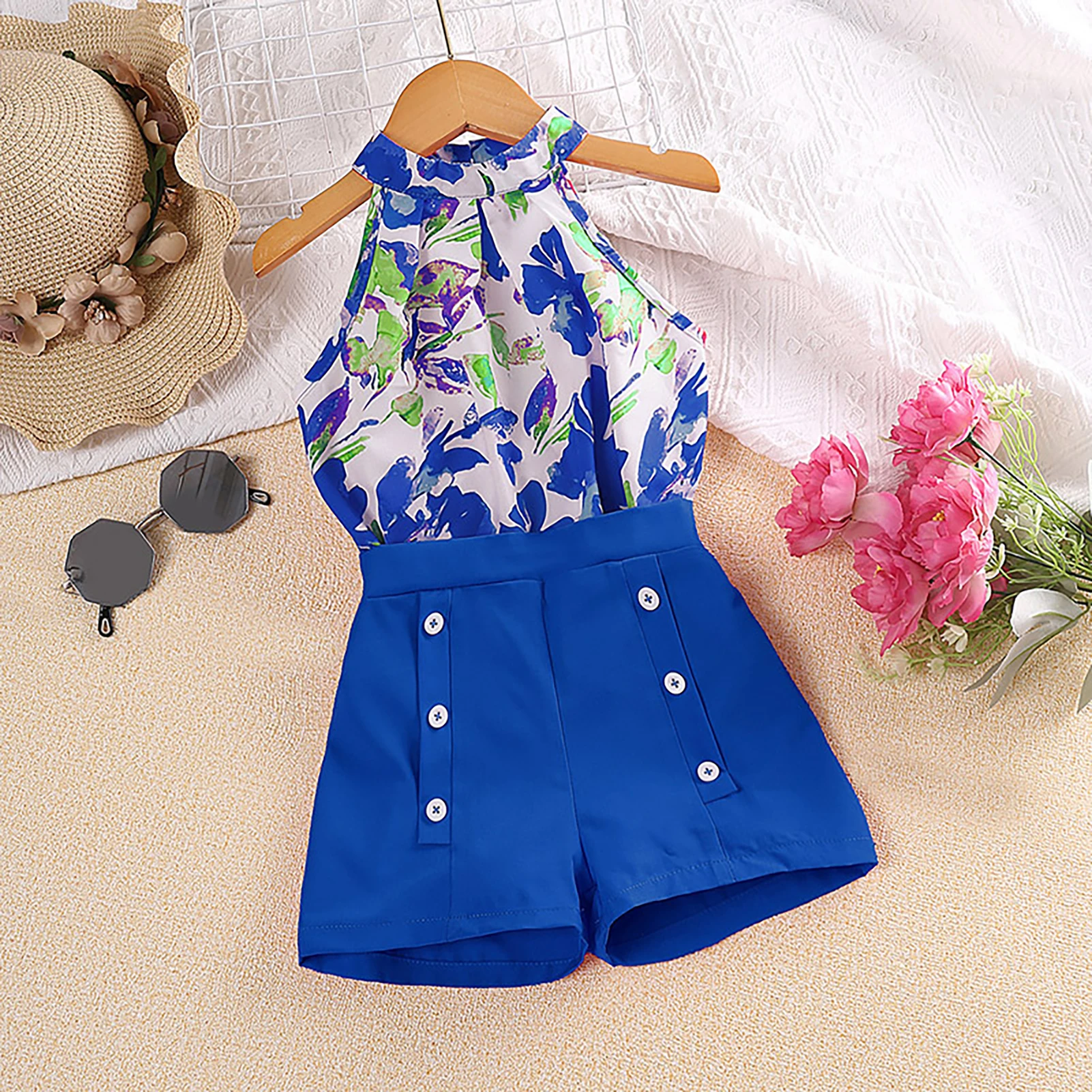 Girls Summer Two Piece Outfit Multi Color Flower Printed Tops and Shorts Suitable for Friends Gathering Wear