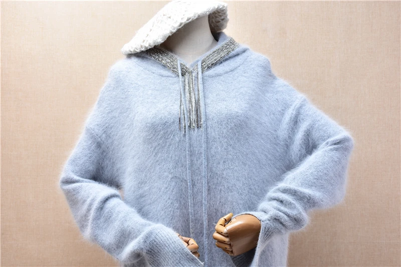 Ladies Women Autumn Winter Clothing Fashion Grey Beading Hairy Angora Rabbit Hair Knitted Hooded Split Loose Pullover Sweater