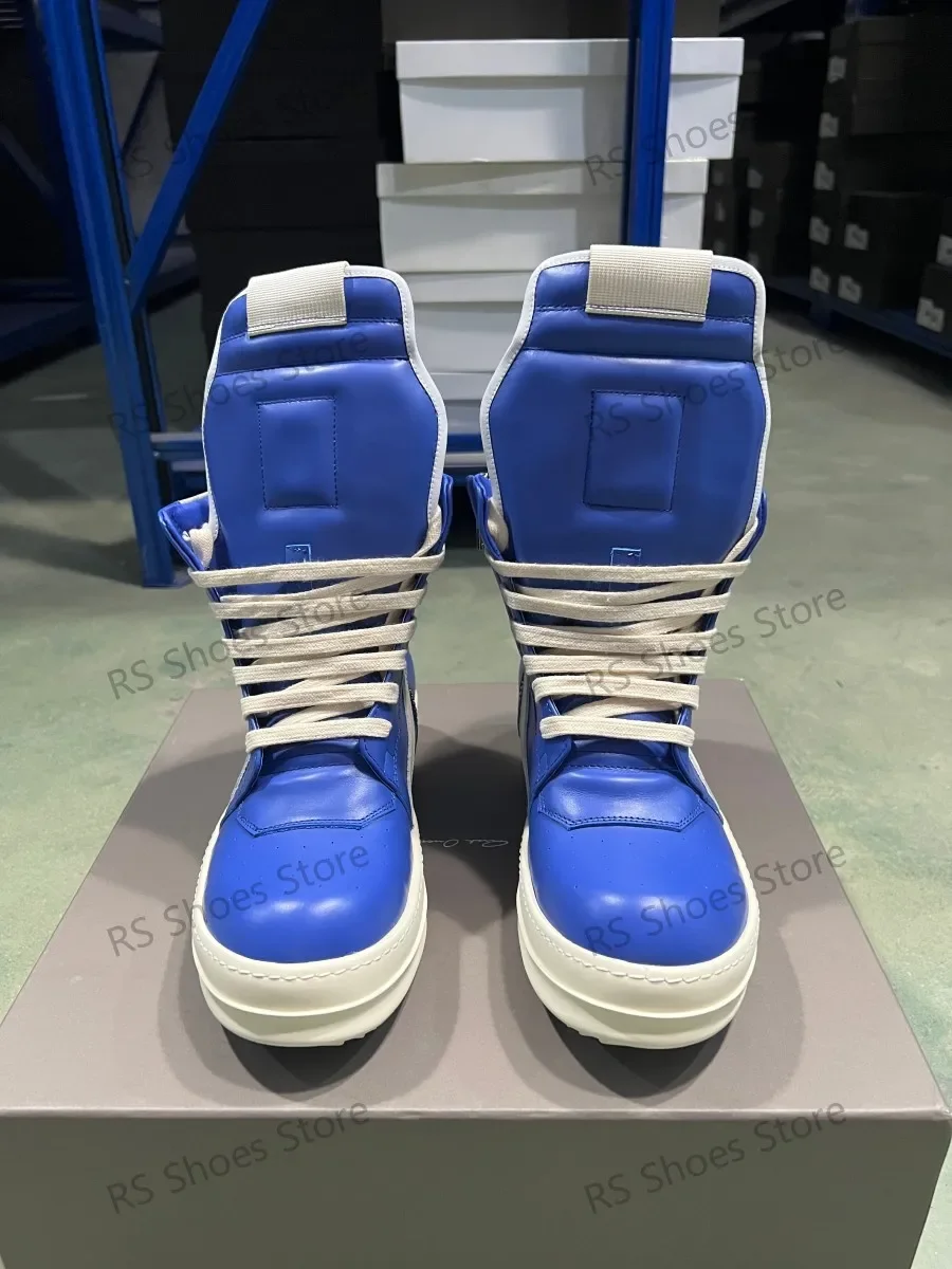 

Ro Men Sneakers Blue Leather High Top Shoe Lace Up Women Casual Shoes Classic Boots Zipper Cowhide Ankle Boot