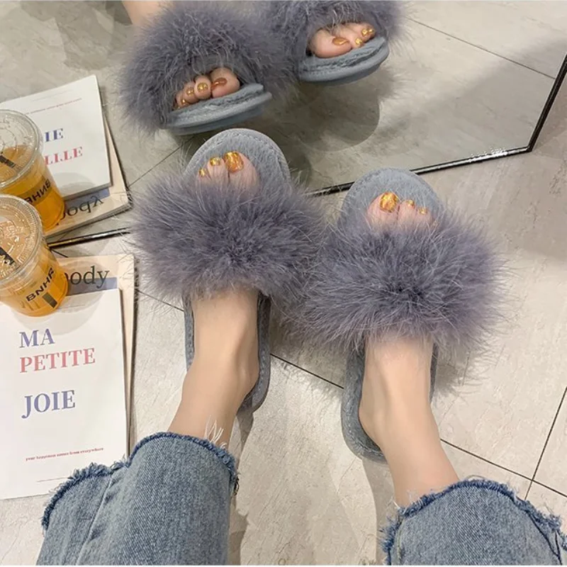 Leisure Plush Slipper for Woman Women\'s Autumn Winter Ostrich Feather Slippers Footwear Lightweight Flats Non-slip Home Slippers