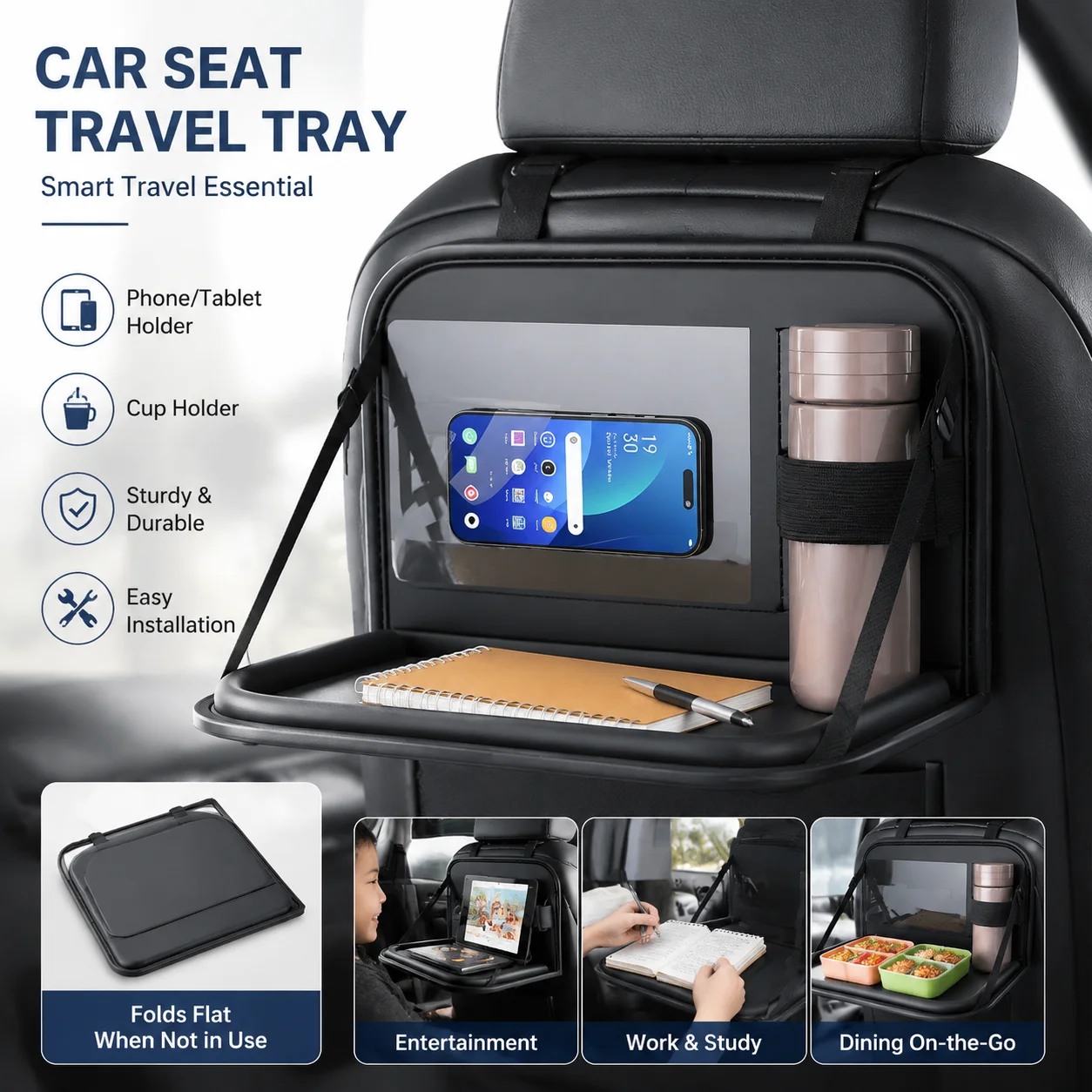 

Car Seat Back Organizer Foldable Table Tray PU Leather Auto Backseat Headrest Cup Holder Universal Phone Pockets For Rear Seat