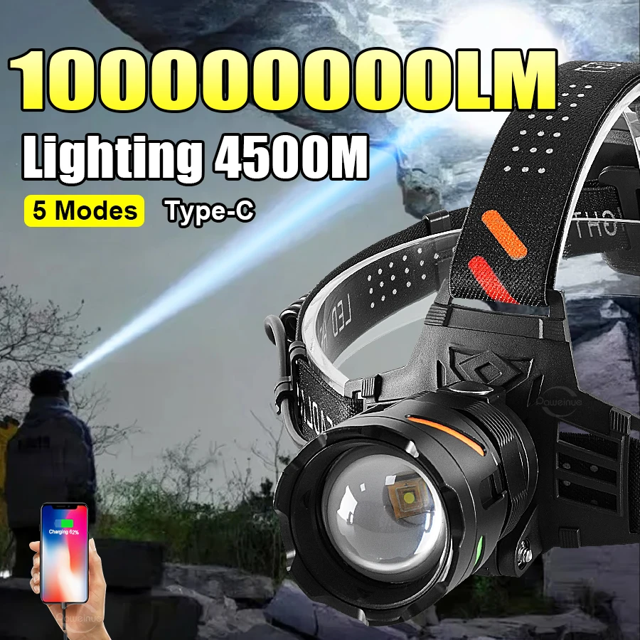

Сильный свет, светодиодная фара 100000000LM, самый мощный дальний налобный фонарик, перезаряжаемые лампы, уличные фонари для кемпинга