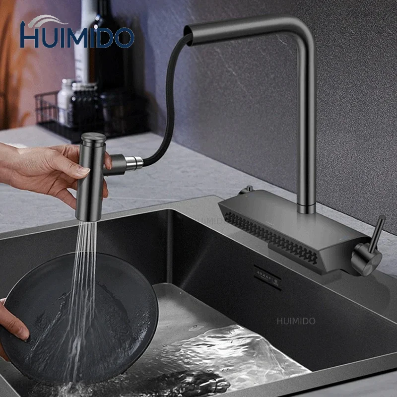 Brass Waterfall Faucet Hot And Cold Water Kitchen Faucet Dual Holder Switch Pull Out 360 Degree Kitchen Mixer Tap