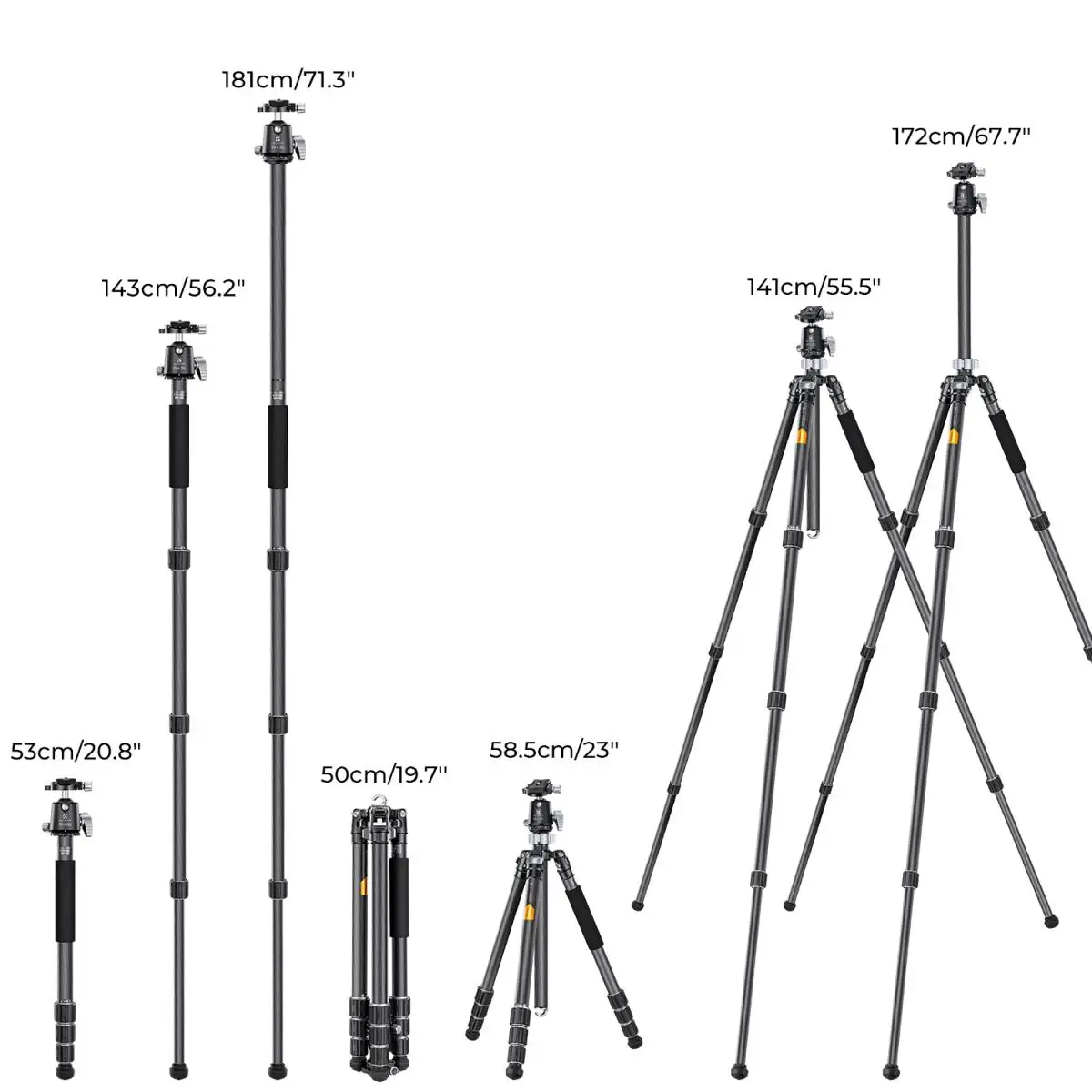 K&F Concept 68\'\'/1.7m Carbon Fiber Camera Tripod Professional Photography Tripod with 36mm Metal Ball Head Capacity 16KG/35.2lbs