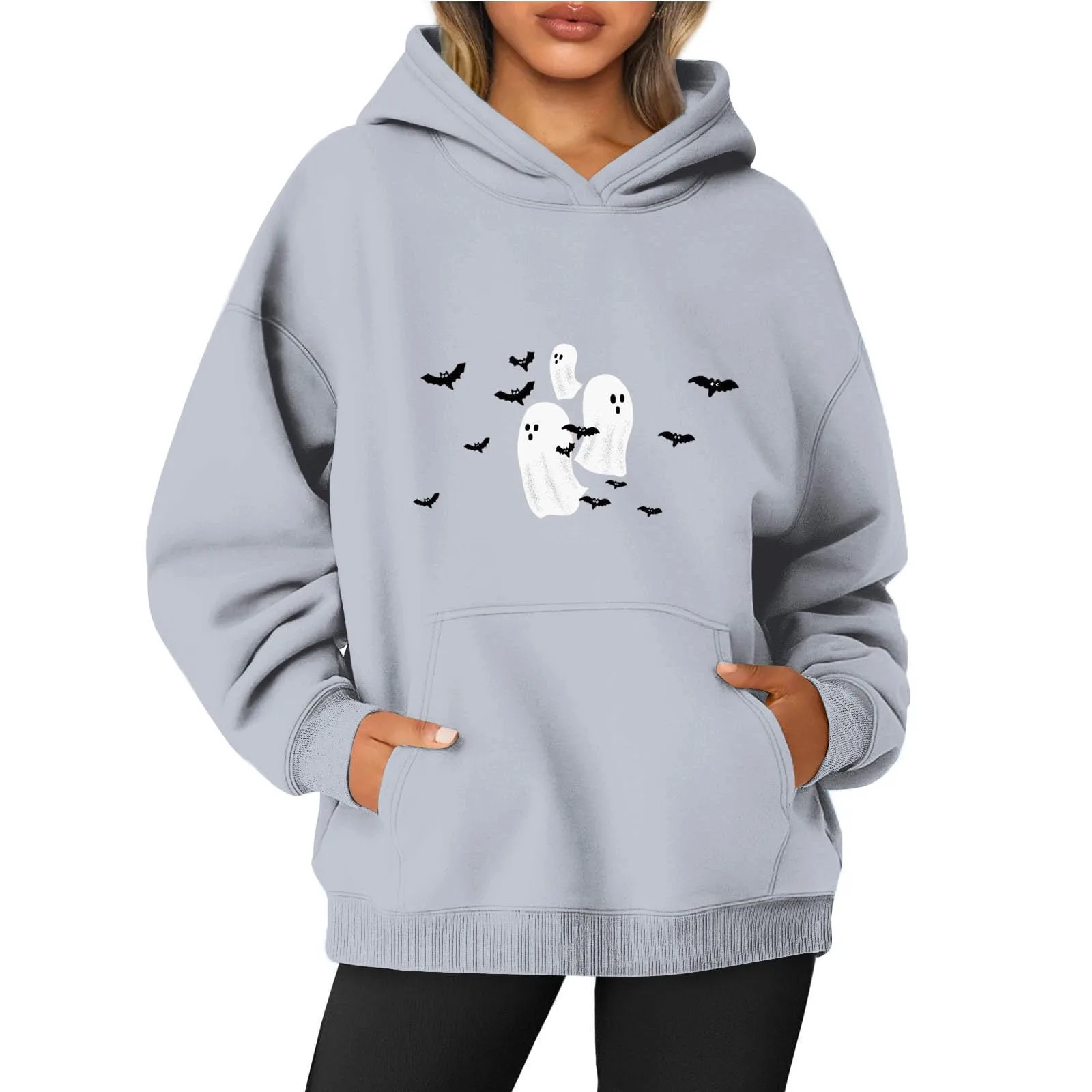 

Autumn Women's Flying Ghosts and Bats Print Halloween Comfort Colors Hoodie Sweatshirt Y2K Casual Vintage Streetwear Hoodie