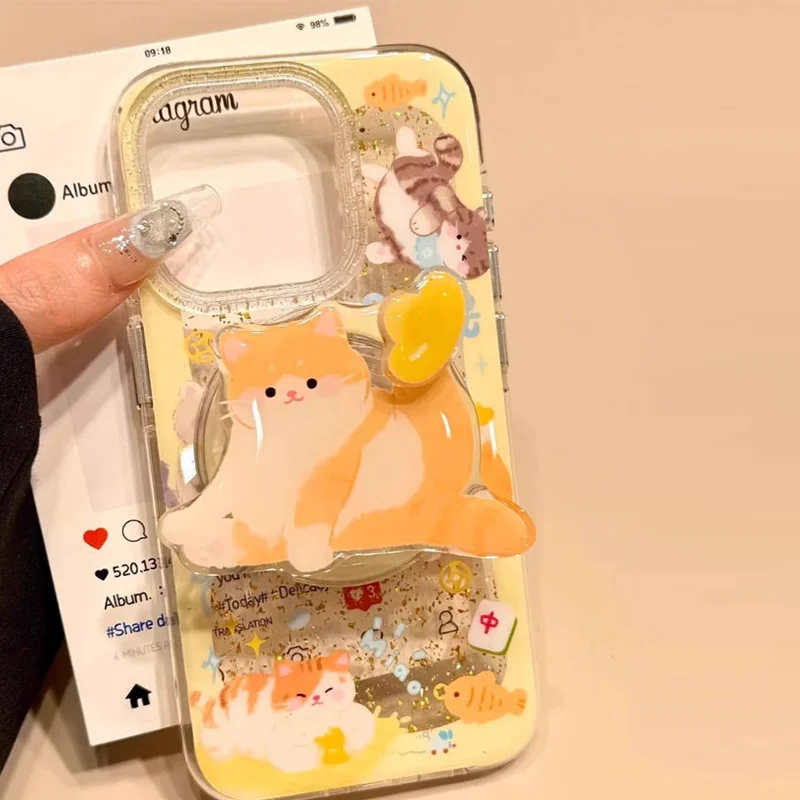 Cartoon Orange Cat Rotating Magnetic Phone Holder Cute Ginger Cat Acrylic Phone Stand Grip Tok Bracket For iPhone 17 16 Samsung