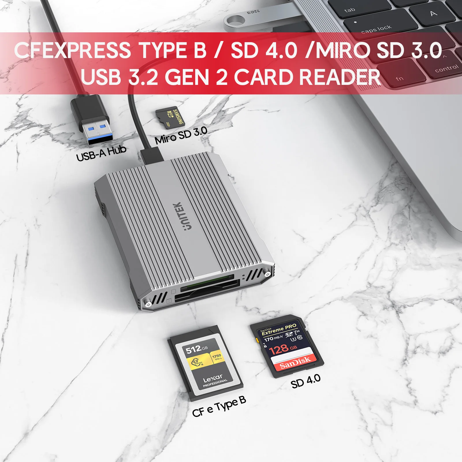 Lector de tarjetas USB 4 en 1 de 10Gbps Hub a SD4.0 MicroSD CFexpress tipo B tarjeta de memoria USB-A 3,2 Gen2 adaptador Plug & Play para iPhone 16