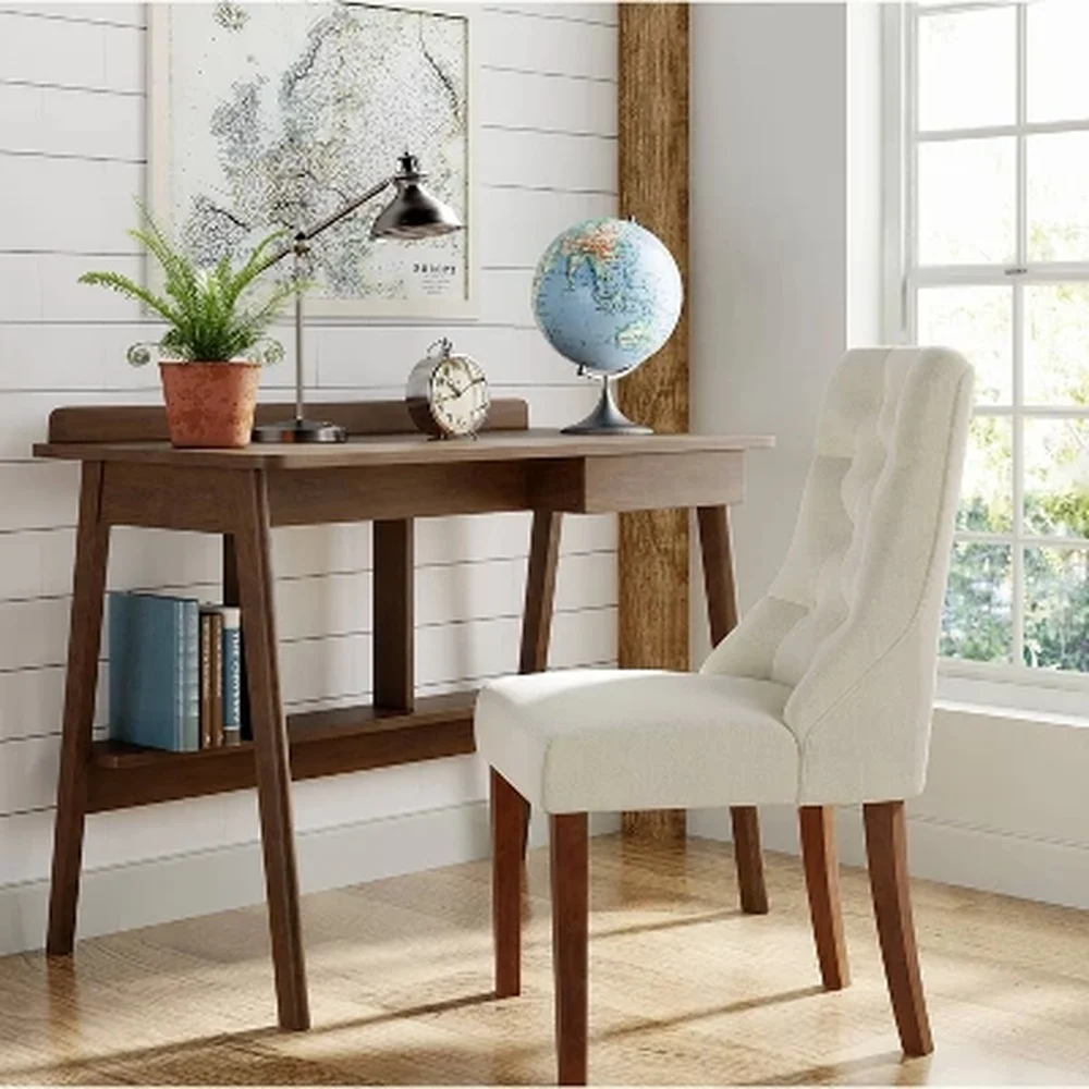 Compact Writing Desk Mid Century Modern Style Rubberwood Frame MDF Surface Storage Drawer Slim Profile Small Spaces