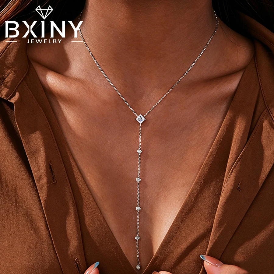 BXINY Long Tassel 1CT Princess Cut Moissanite Pendant Necklace S925 Silver Bubble Diamond NeckChain Women Bridal Wedding Jewelry